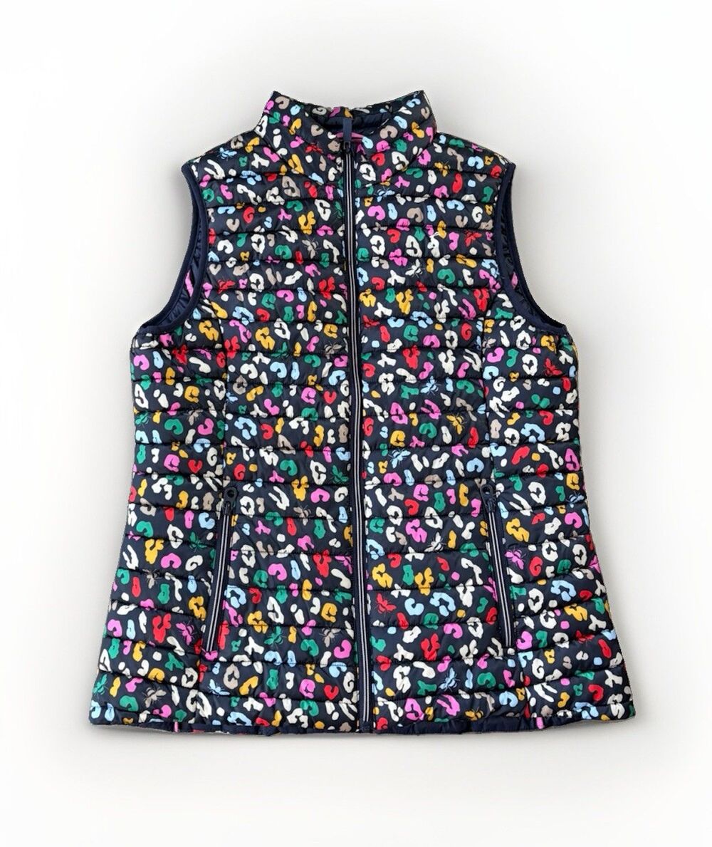 Joules Womens Puffer Vest Snug Gilet Multicolor Bee Leopard Print Size 10 Navy
